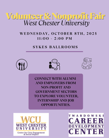Volunteer & Nonprofit Fair West Chester University WEDNESDAY, OCTOBER 8TH, 2025 11:00 2:00 PM SYKES BALLROOMS CONNECT WITH ALUMNI AND EMPLOYERS FROM NON-PROFIT AND GOVERNMENT SECTORS TO EXPLORE VOLUNTEER, INTERNSHIP AND JOB OPPORTUNITIES. WCU WEST CHESTER UNIVERSITY Center for Community Engagement & Social Impact TWARDOWSKI CAREER DEVELOPMENT CENTER