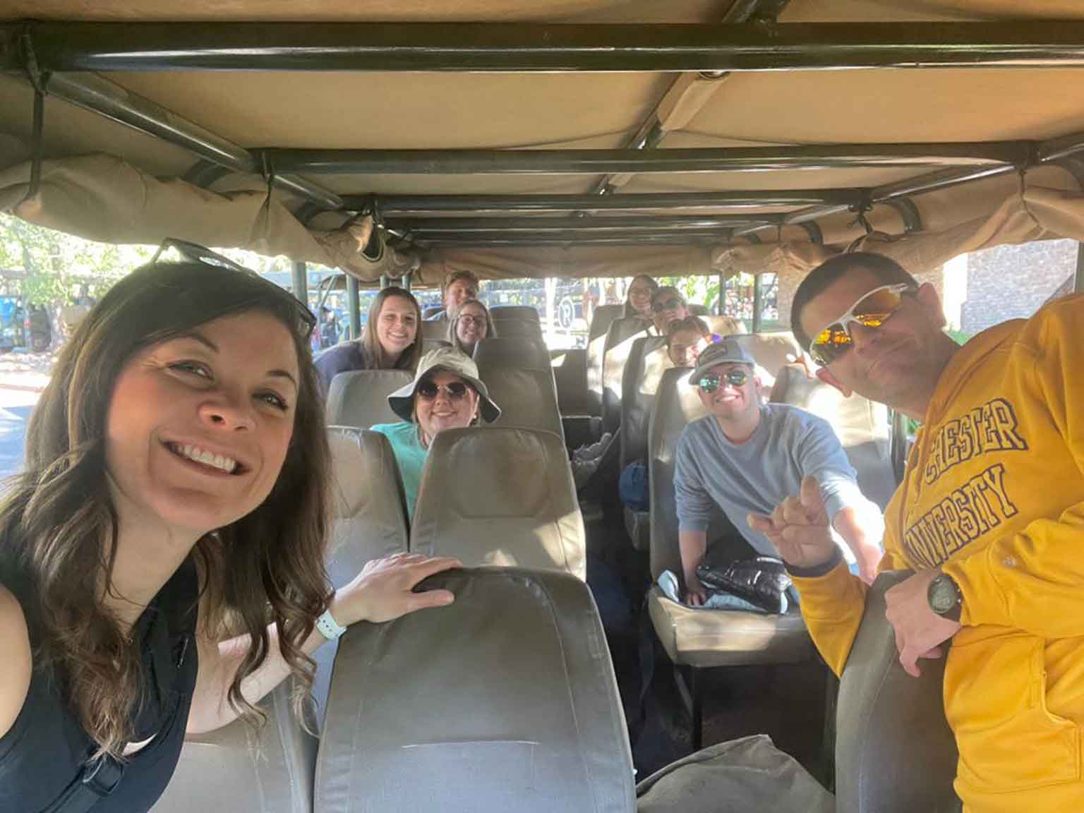Group selfie in caravan