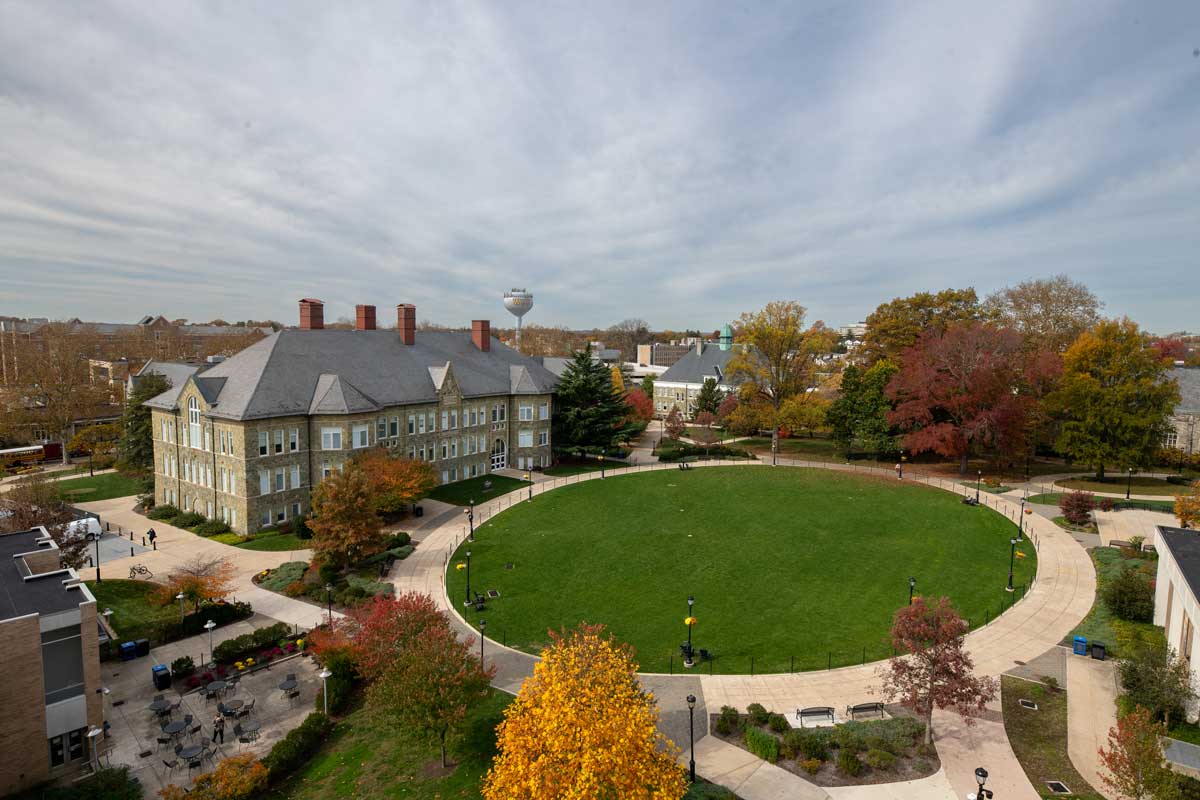 drone shot of academic quad