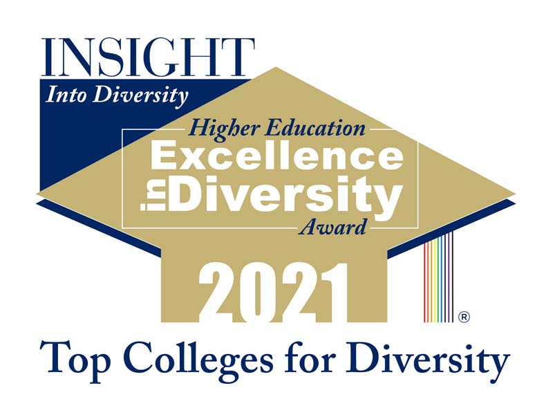 Navy and Gold Geometric Logo with the following text: INSIGHT into Diversity, Higher Education Excellence in Diversity Award 2021. Top Colleges for Diversity."