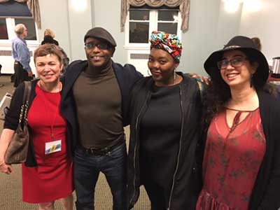 L-R: Kim Bridgford (Director), Tyehimba Jess (Spotlight Reader, Pulitzer Prize Winner), Mahogany Browne (Faculty Member), and Alice Mizrachi (Artist-in-Residence) at Poetry by the Sea 2017.
