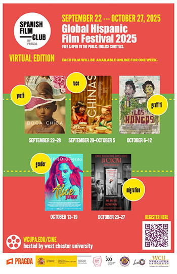 September 22 - October 27, 2025 Global Hispanic Film Festival 2025. Free & Open to the public. English subtitles. Each film will be available online for one week. Youth September 22-28. Race September 29-October 5. Grafiti October 6-12. Gender October 13-19. Migration October 20-27.