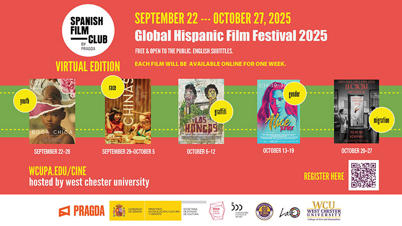 September 22 - October 27, 2025 Global Hispanic Film Festival 2025. Free & Open to the public. English subtitles. Each film will be available online for one week. Youth September 22-28. Race September 29-October 5. Grafiti October 6-12. Gender October 13-19. Migration October 20-27.