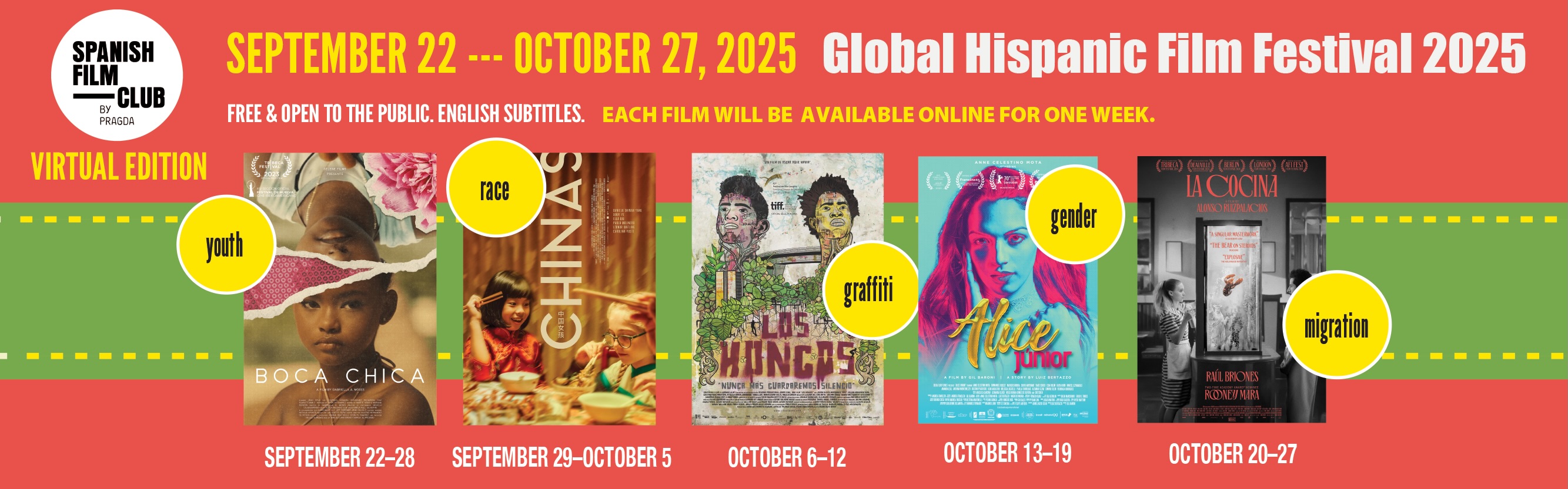 Film Festival Banner September 22 - October 27, 2025 Global Hispanic Film Festival 2025. Free & Open to the public. English subtitles. Each film will be available online for one week. Youth September 22-28. Race September 29-October 5. Grafiti October 6-12. Gender October 13-19. Migration October 20-27.