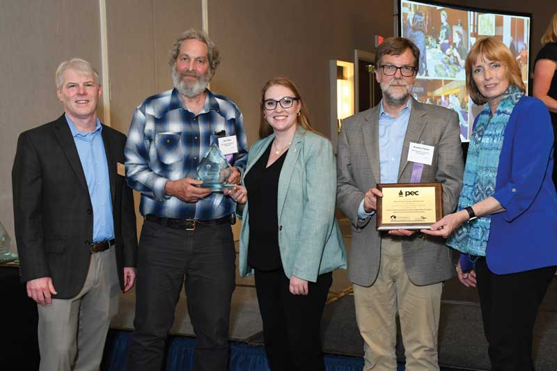 At the Governor’s Award for Environmental Excellence (L-R): Tom Gilbert, president, Pennsylvania Environmental Council; Nur Ritter (with trophy), GNA stewardship manager; Jessica Shirley, acting secretary, Pennsylvania Department of Environmental Protection; Brad Flamm (with plaque), WCU director of sustainability; and Cindy Adams Dunn, secretary, Pennsylvania Department of Conservation and Natural Resources.