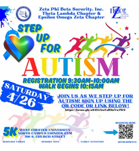 Zeta Phi Beta Sorority, Incorporated’s Theta Lambda undergraduate chapter and Epsilon Omega Zeta graduate chapter will host their first-ever “Step Up for Autism” awareness walk at West Chester University. Zeta Phi Beta Sorority, Incorporated’s Theta Lambda undergraduate chapter and Epsilon Omega Zeta graduate chapter will host their first-ever “Step Up for Autism” awareness walk at West Chester University.