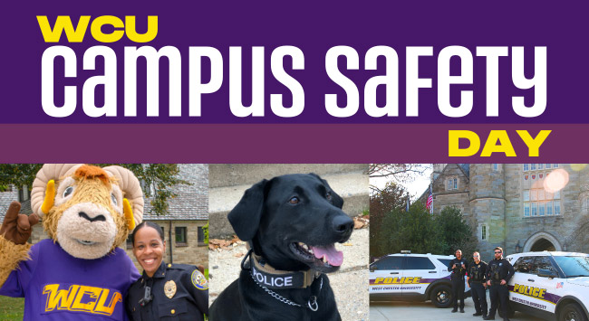 WCU Campus Safety Day. Image has a female public safety office posing with Rammy. Another image shows a black dog with a color that says police. A third image shows police officers standing in front of police cars which are parked in front of Philips.