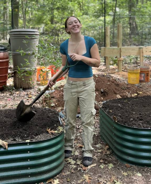 GNA Student Intern Mycah Choby filling the raised beds in the GNA Native Plant Nursery GNA Student Intern Mycah Choby filling the raised beds in the GNA Native Plant Nursery