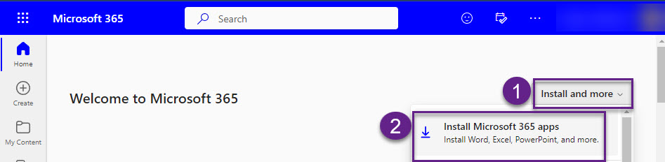 screenshot of O365 page with number 1 next to Install and more and number 2 next to Install Microsoft 365 apps