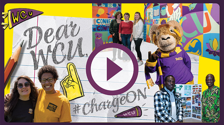 Multiple Students in a Group, and Rammy the Mascot That says 'Dear WCU #Charge ON'