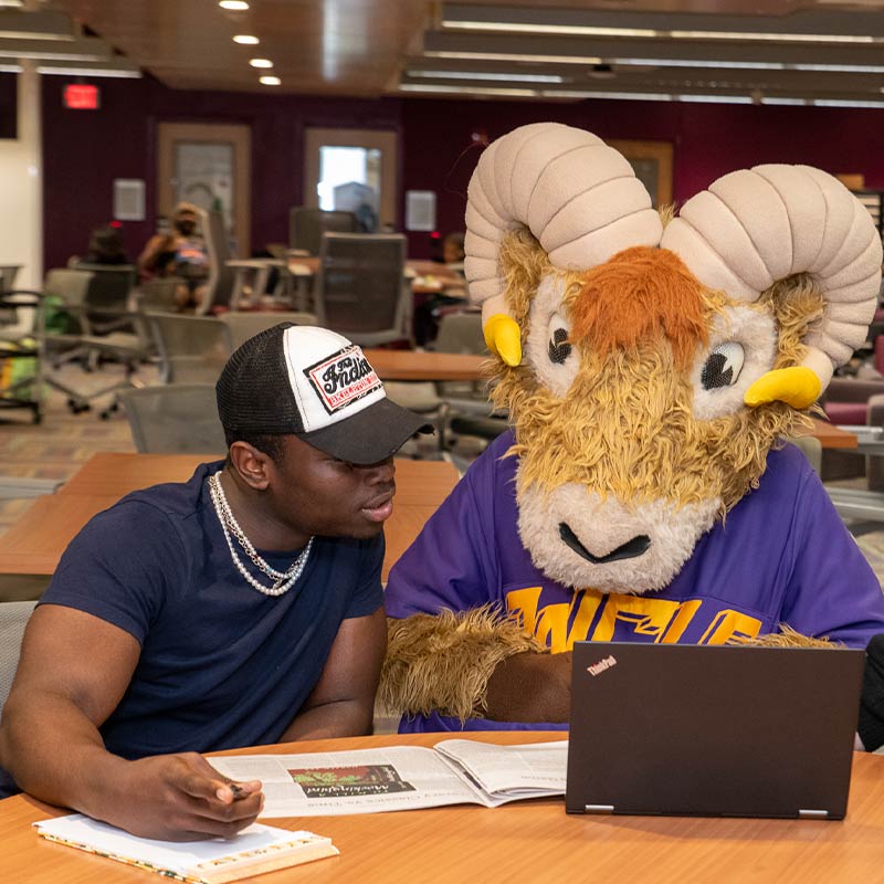 Rammy sitting down with a student looking at a laptop
